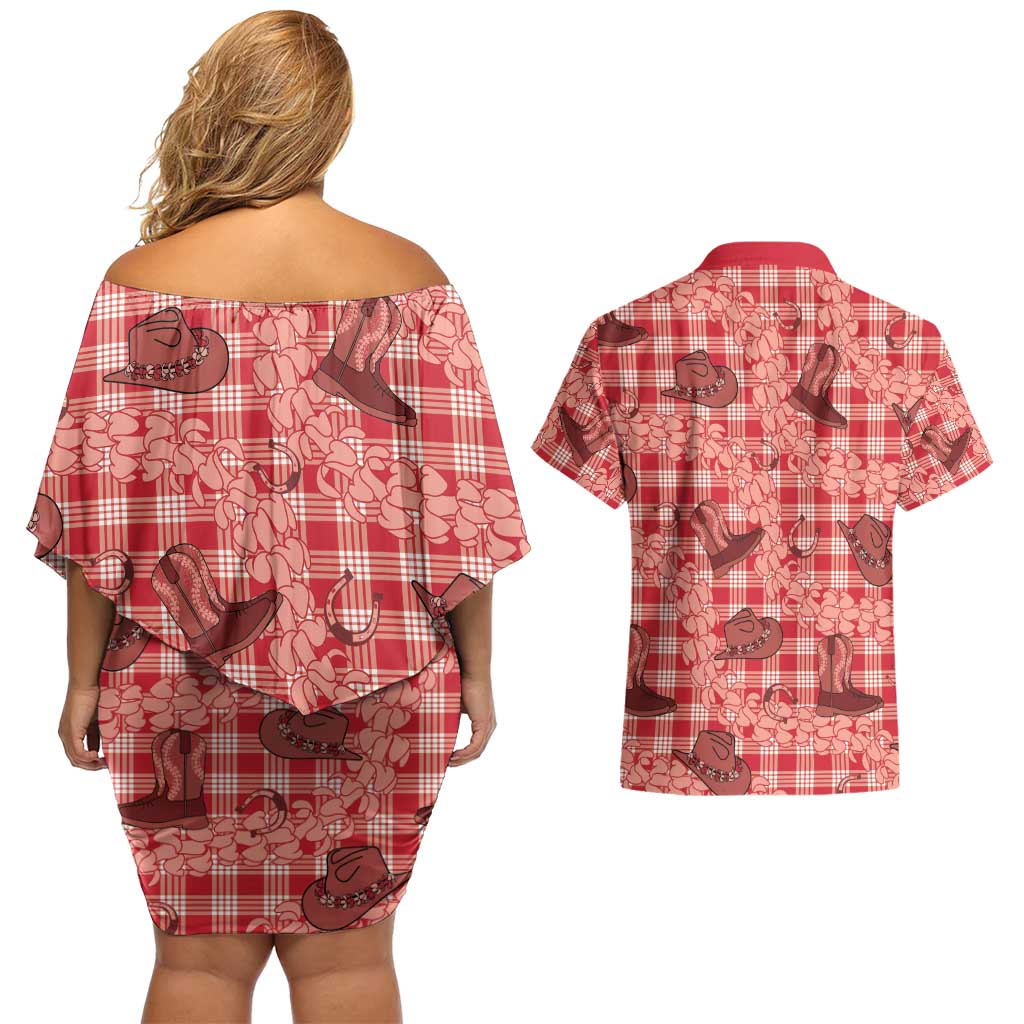 Red Palaka Hawaii Cowboy Couples Matching Off Shoulder Short Dress and Hawaiian Shirt Puakenikeni Lei Paniolo Papale Seamless Vibes - Polynesian Pride