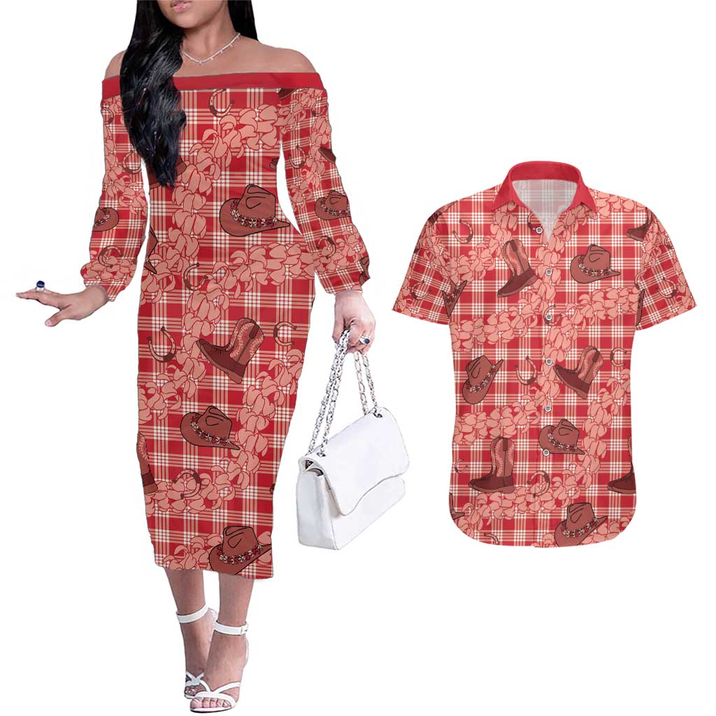 Red Palaka Hawaii Cowboy Couples Matching Off The Shoulder Long Sleeve Dress and Hawaiian Shirt Puakenikeni Lei Paniolo Papale Seamless Vibes - Polynesian Pride