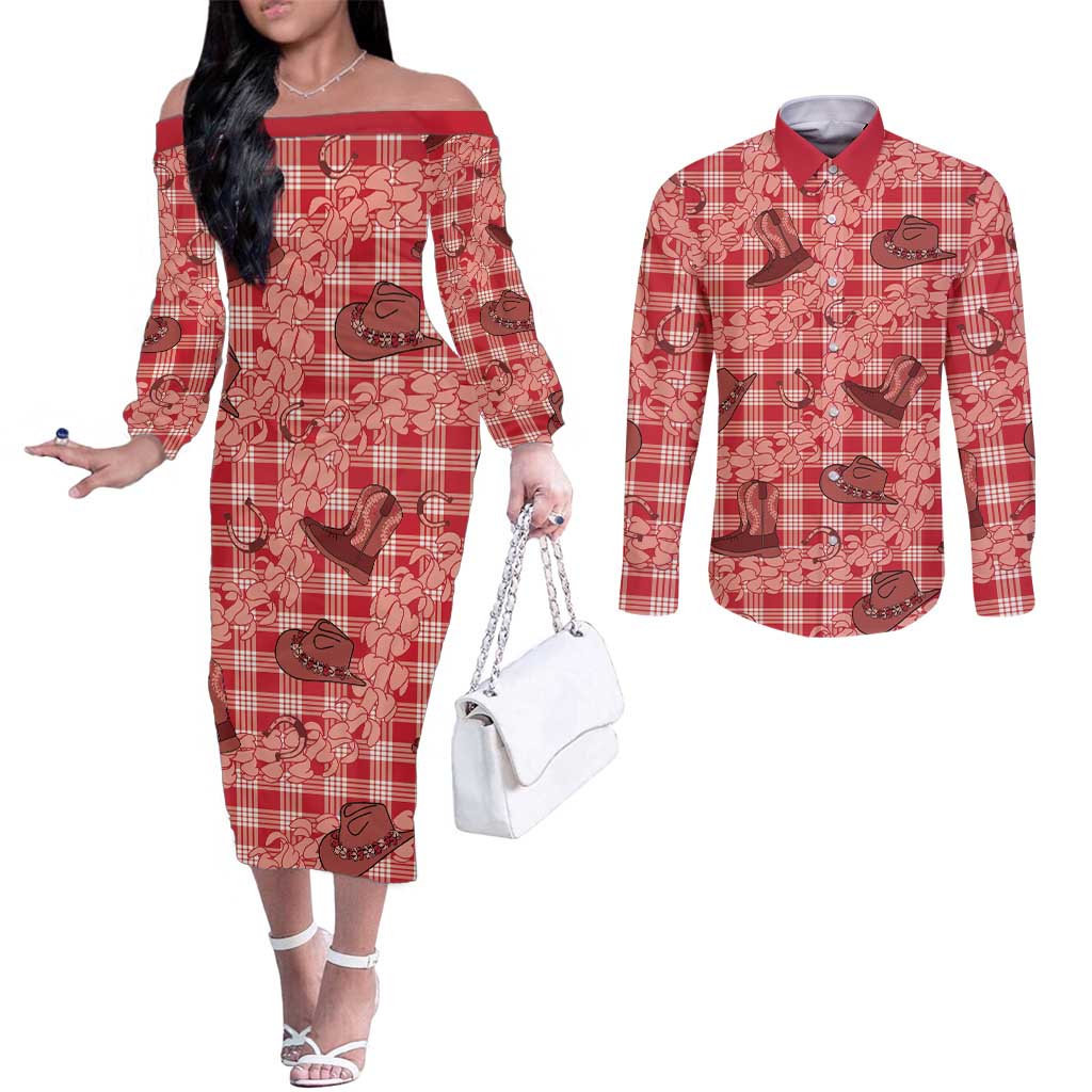 Red Palaka Hawaii Cowboy Couples Matching Off The Shoulder Long Sleeve Dress and Long Sleeve Button Shirt Puakenikeni Lei Paniolo Papale Seamless Vibes - Polynesian Pride