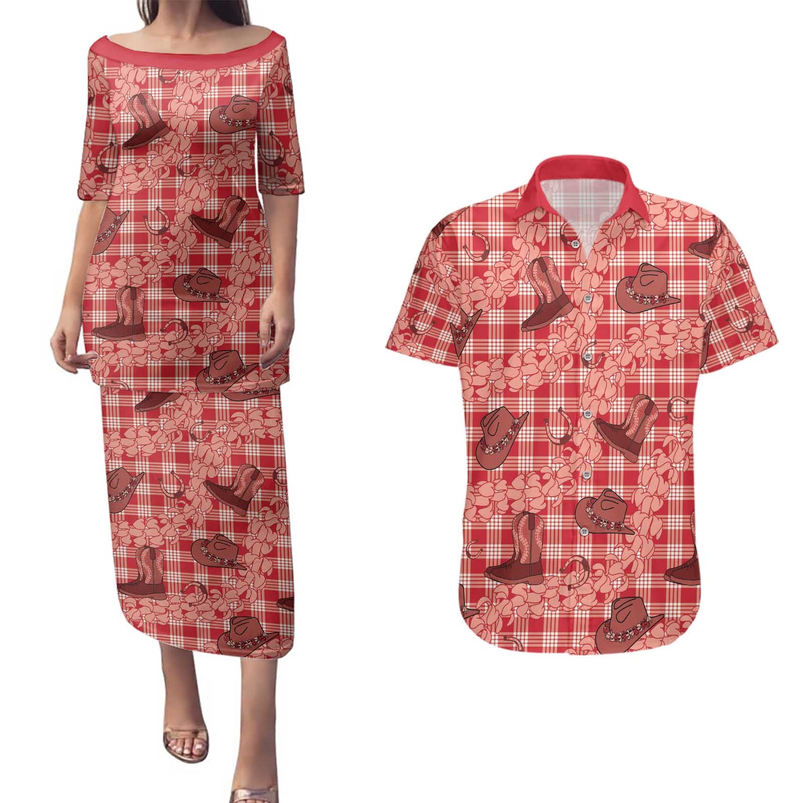 Red Palaka Hawaii Cowboy Couples Matching Puletasi and Hawaiian Shirt Puakenikeni Lei Paniolo Papale Seamless Vibes LT14 Red - Polynesian Pride