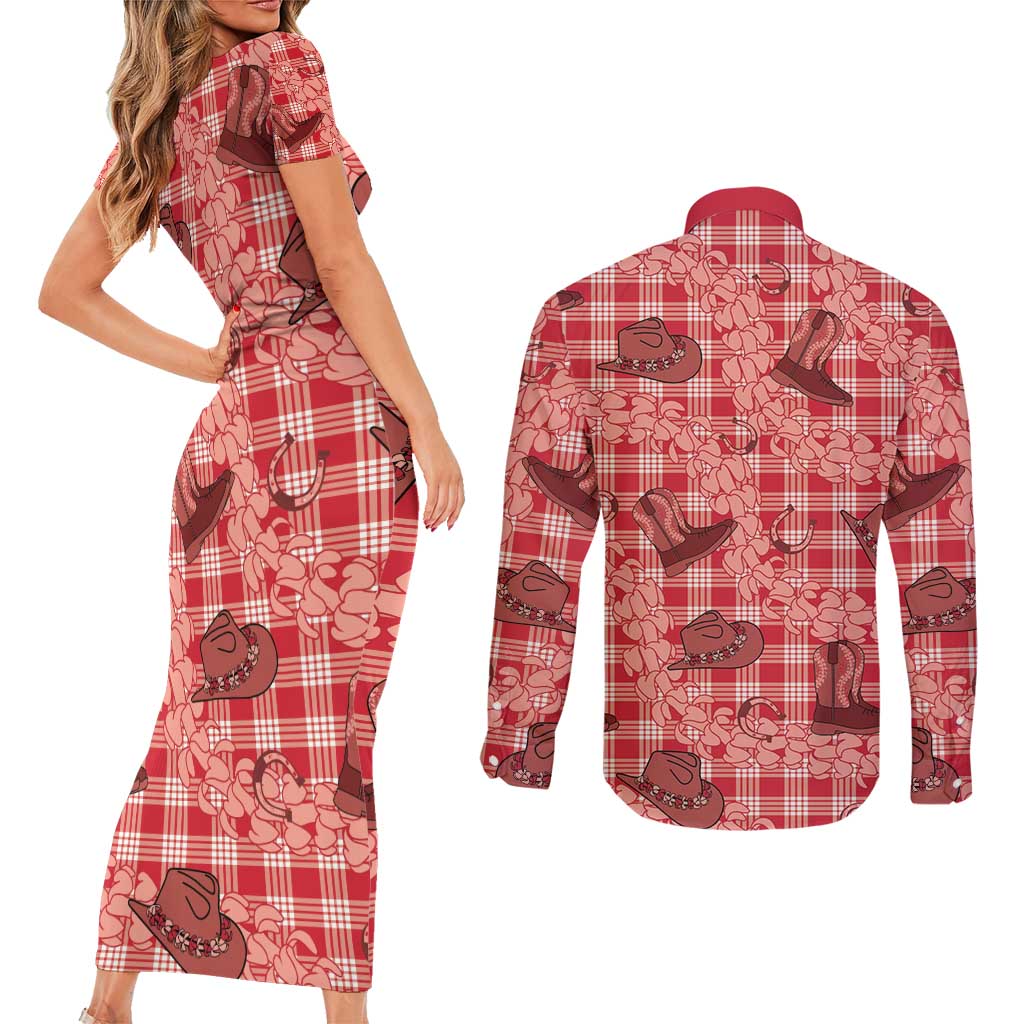 Red Palaka Hawaii Cowboy Couples Matching Short Sleeve Bodycon Dress and Long Sleeve Button Shirt Puakenikeni Lei Paniolo Papale Seamless Vibes - Polynesian Pride