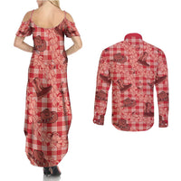 Red Palaka Hawaii Cowboy Couples Matching Summer Maxi Dress and Long Sleeve Button Shirt Puakenikeni Lei Paniolo Papale Seamless Vibes - Polynesian Pride