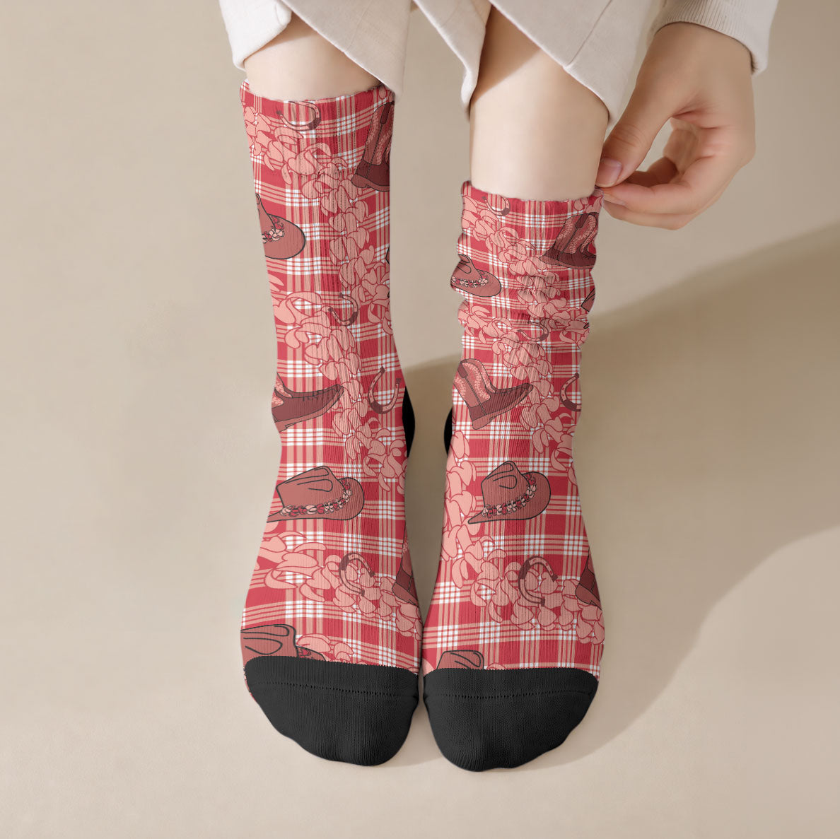Red Palaka Hawaii Cowboy Crew Socks Puakenikeni Lei Paniolo Papale Seamless Vibes