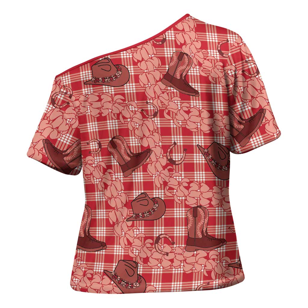 Red Palaka Hawaii Cowboy Cross Shoulder Shirt Puakenikeni Lei Paniolo Papale Seamless Vibes - Polynesian Pride
