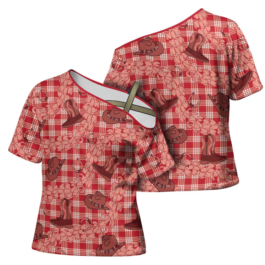 Red Palaka Hawaii Cowboy Cross Shoulder Shirt Puakenikeni Lei Paniolo Papale Seamless Vibes - Polynesian Pride