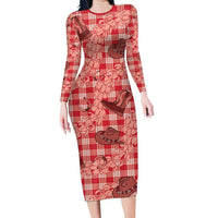 Red Palaka Hawaii Cowboy Family Matching Long Sleeve Bodycon Dress and Hawaiian Shirt Puakenikeni Lei Paniolo Papale Seamless Vibes - Polynesian Pride