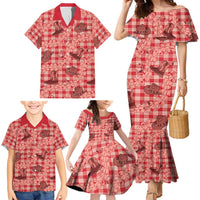 Red Palaka Hawaii Cowboy Family Matching Mermaid Dress and Hawaiian Shirt Puakenikeni Lei Paniolo Papale Seamless Vibes - Polynesian Pride