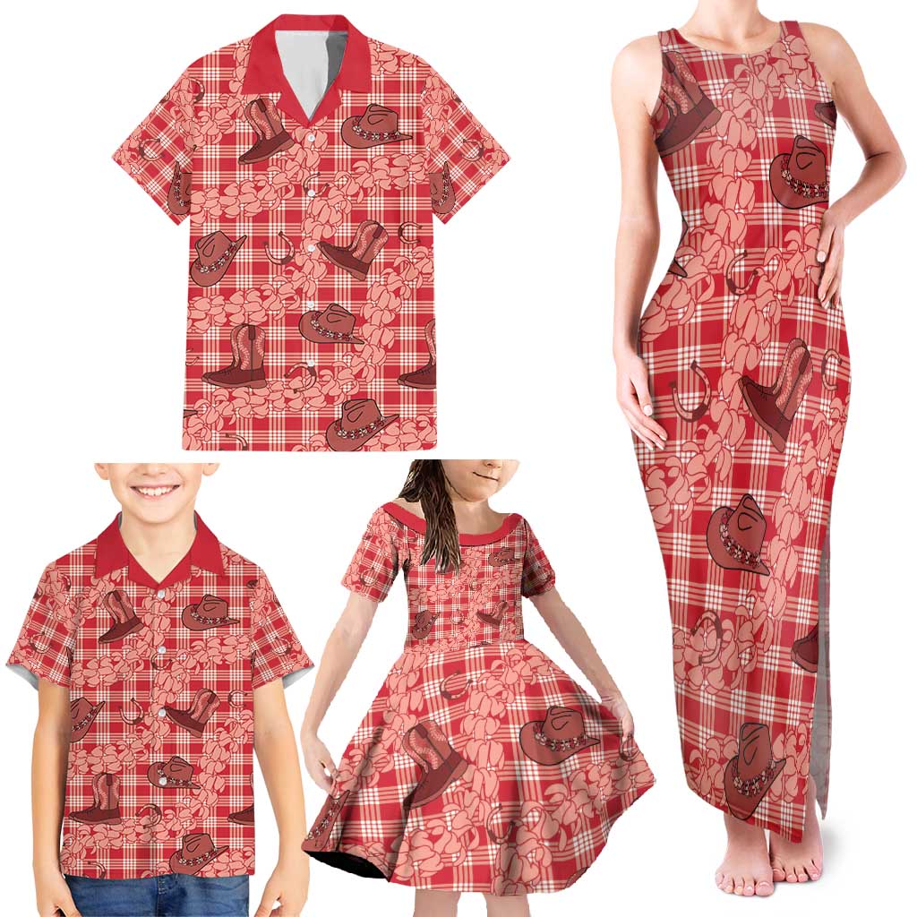 Red Palaka Hawaii Cowboy Family Matching Tank Maxi Dress and Hawaiian Shirt Puakenikeni Lei Paniolo Papale Seamless Vibes - Polynesian Pride