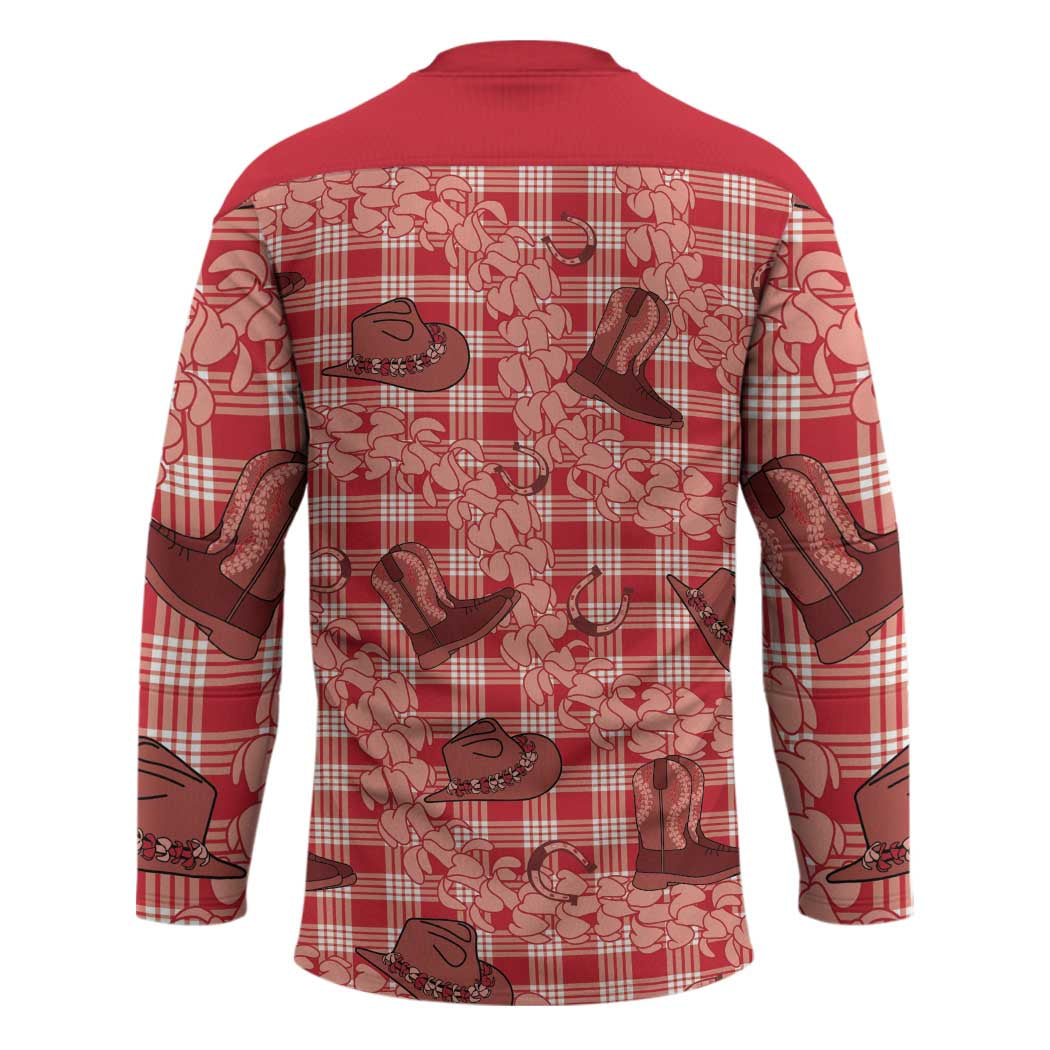 Red Palaka Hawaii Cowboy Hockey Jersey Puakenikeni Lei Paniolo Papale Seamless Vibes - Polynesian Pride