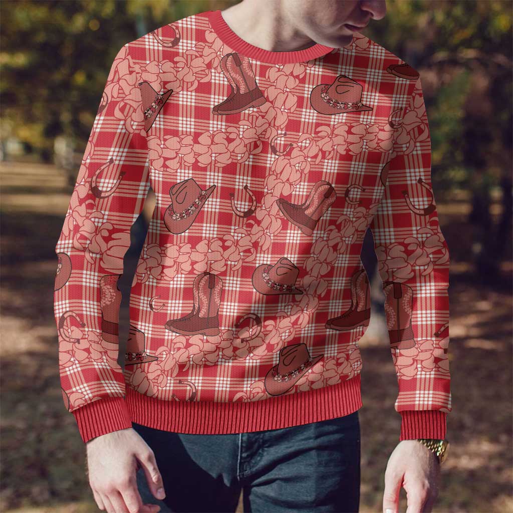 Red Palaka Hawaii Cowboy Ugly Christmas Sweater Puakenikeni Lei Paniolo Papale Seamless Vibes - Polynesian Pride