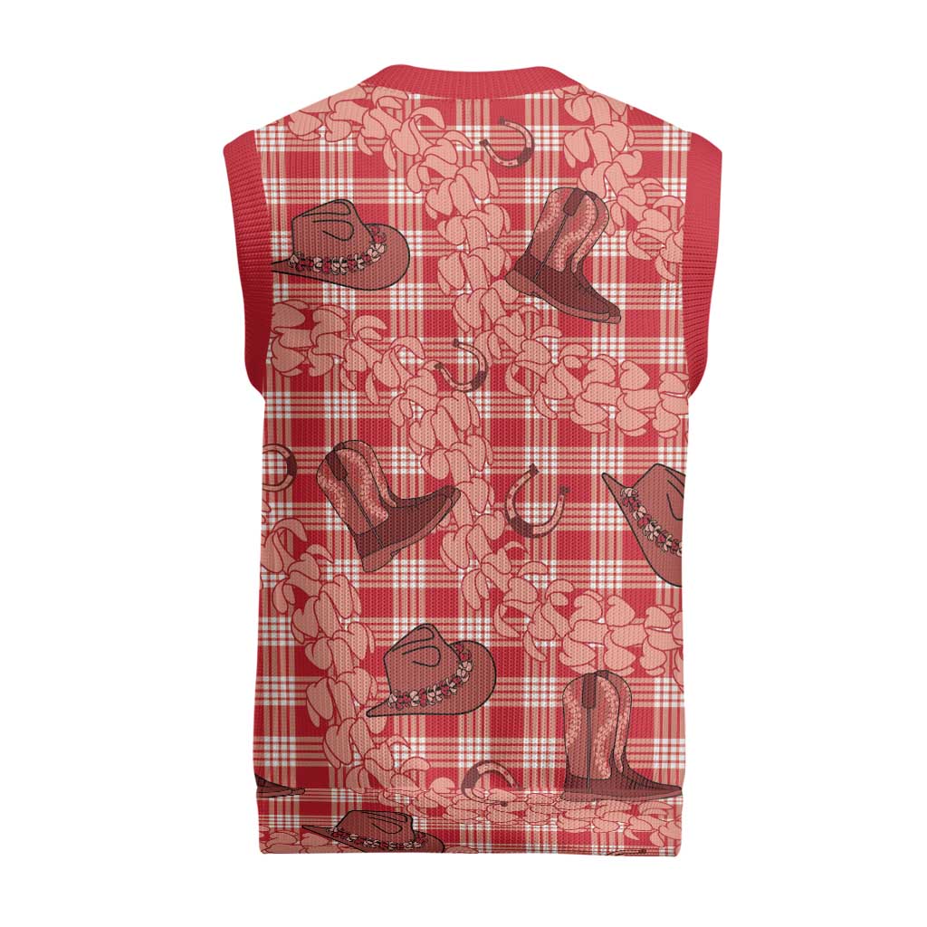 Red Palaka Hawaii Cowboy Christmas Knitted V-Neck Vest Puakenikeni Lei Paniolo Papale Seamless Vibes - Polynesian Pride