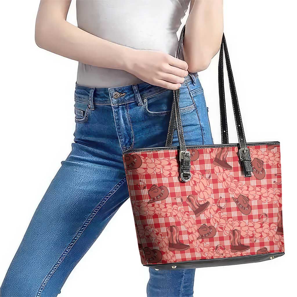 Red Palaka Hawaii Cowboy Leather Tote Bag Puakenikeni Lei Paniolo Papale Seamless Vibes - Polynesian Pride
