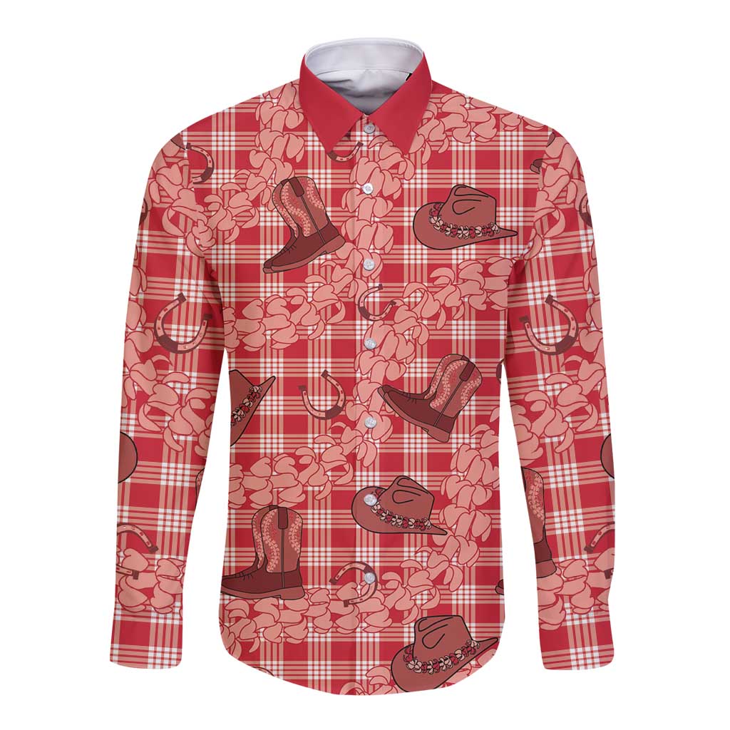 Red Palaka Hawaii Cowboy Long Sleeve Button Shirt Puakenikeni Lei Paniolo Papale Seamless Vibes - Polynesian Pride