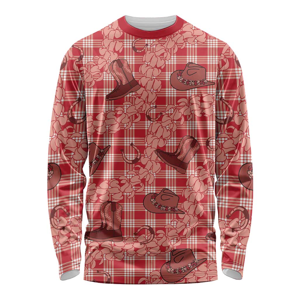 Red Palaka Hawaii Cowboy Long Sleeve Shirt Puakenikeni Lei Paniolo Papale Seamless Vibes - Polynesian Pride