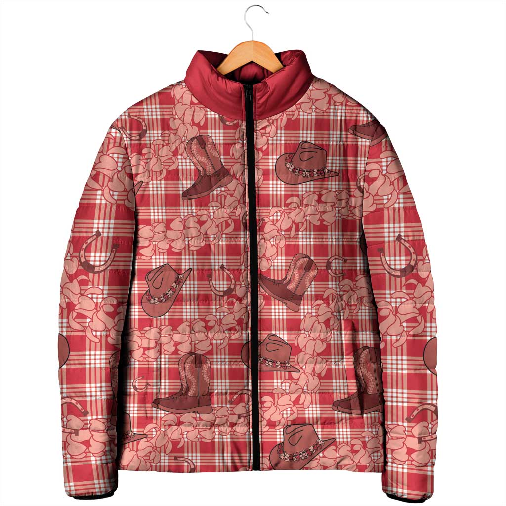 Red Palaka Hawaii Cowboy Padded Jacket Puakenikeni Lei Paniolo Papale Seamless Vibes - Polynesian Pride
