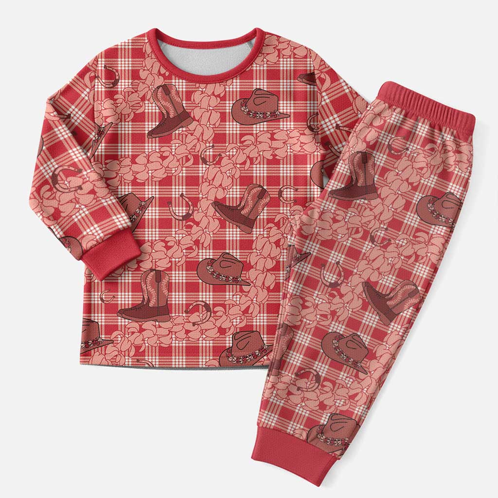 Red Palaka Hawaii Cowboy Christmas Pajama Set Puakenikeni Lei Paniolo Papale Seamless Vibes - Polynesian Pride