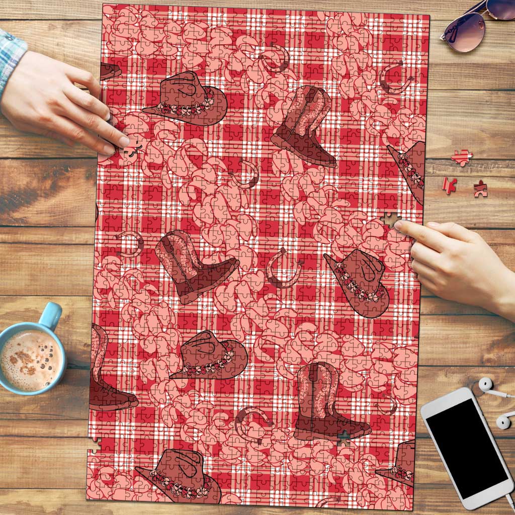 Red Palaka Hawaii Cowboy Puzzle Puakenikeni Lei Paniolo Papale Seamless Vibes - Polynesian Pride