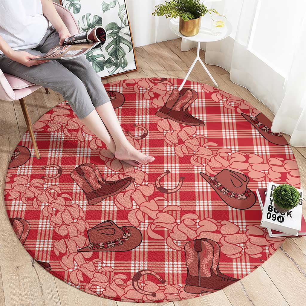 Red Palaka Hawaii Cowboy Round Carpet Puakenikeni Lei Paniolo Papale Seamless Vibes - Polynesian Pride