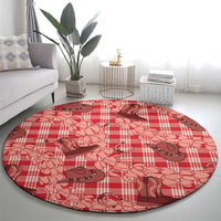 Red Palaka Hawaii Cowboy Round Carpet Puakenikeni Lei Paniolo Papale Seamless Vibes - Polynesian Pride