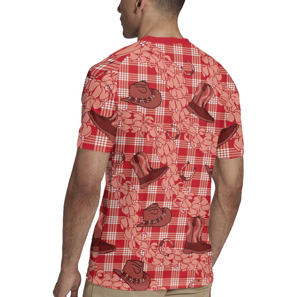 Red Palaka Hawaii Cowboy Rugby Jersey Puakenikeni Lei Paniolo Papale Seamless Vibes LT14 - Polynesian Pride