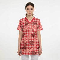 Red Palaka Hawaii Cowboy Scrub Top Puakenikeni Lei Paniolo Papale Seamless Vibes - Polynesian Pride
