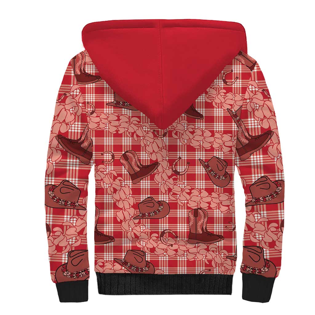 Red Palaka Hawaii Cowboy Sherpa Hoodie Puakenikeni Lei Paniolo Papale Seamless Vibes - Polynesian Pride