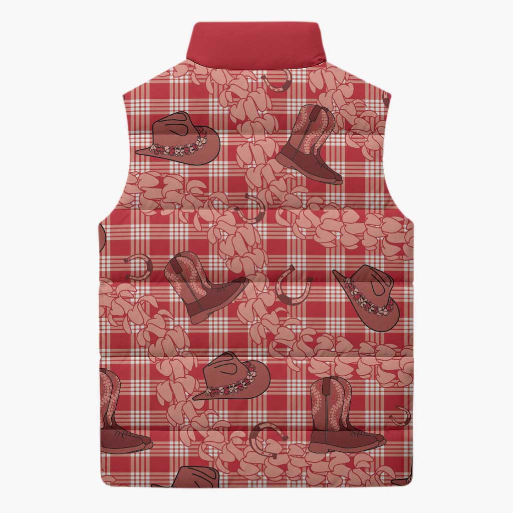 Red Palaka Hawaii Cowboy Sleeveless Puffer Jacket Puakenikeni Lei Paniolo Papale Seamless Vibes - Polynesian Pride