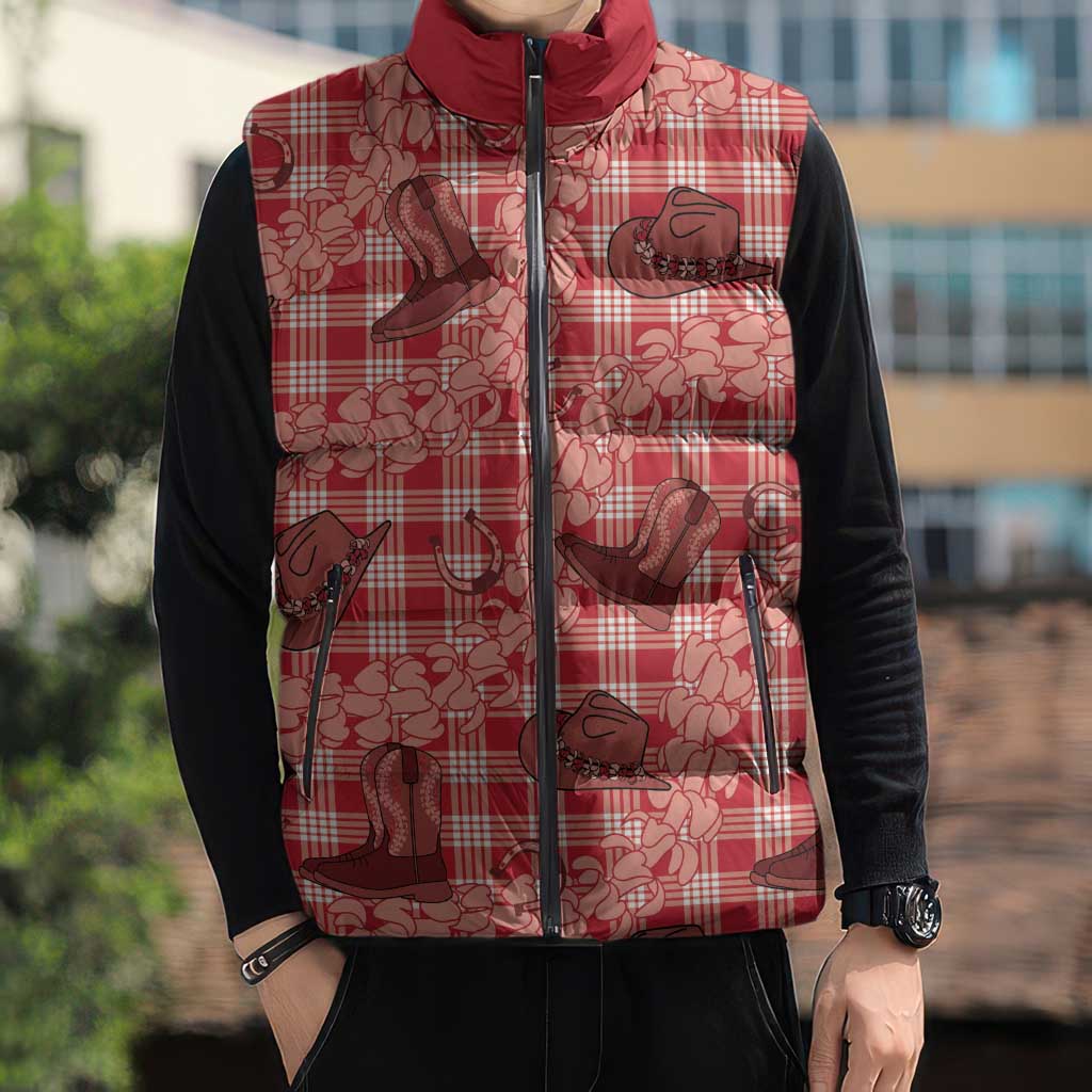 Red Palaka Hawaii Cowboy Sleeveless Puffer Jacket Puakenikeni Lei Paniolo Papale Seamless Vibes - Polynesian Pride
