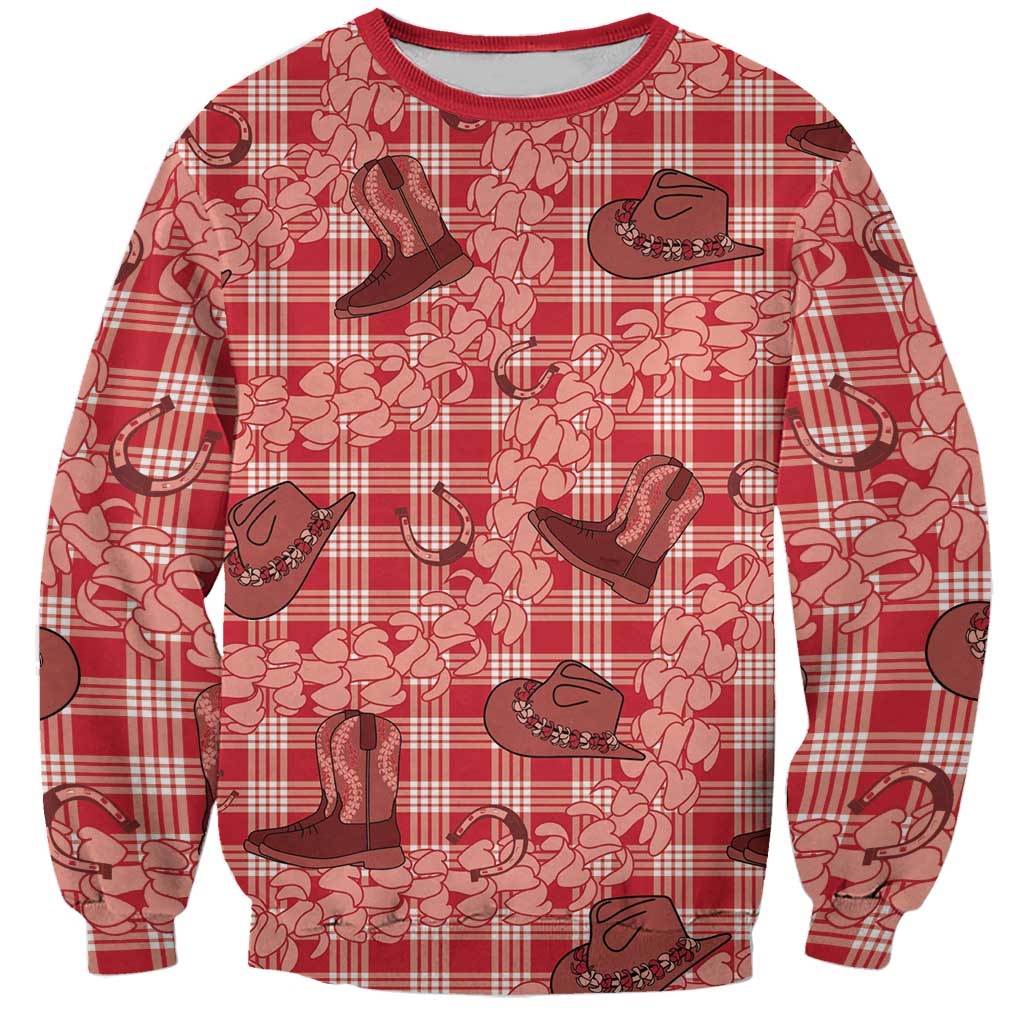 Red Palaka Hawaii Cowboy Sweatshirt Puakenikeni Lei Paniolo Papale Seamless Vibes - Polynesian Pride