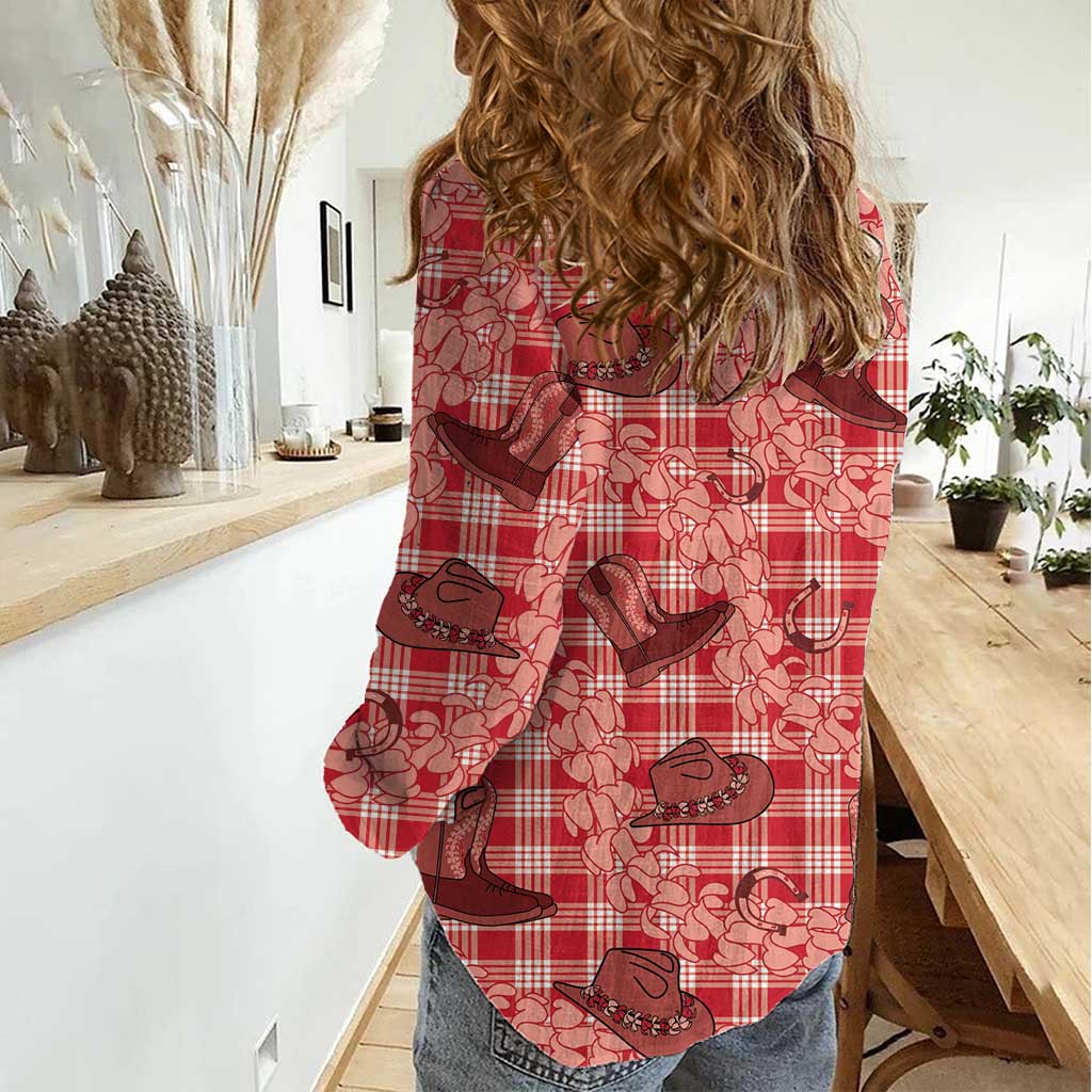 Red Palaka Hawaii Cowboy Women Casual Shirt Puakenikeni Lei Paniolo Papale Seamless Vibes - Polynesian Pride