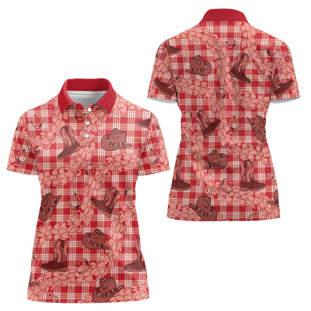 Red Palaka Hawaii Cowboy Women Polo Shirt Puakenikeni Lei Paniolo Papale Seamless Vibes - Polynesian Pride