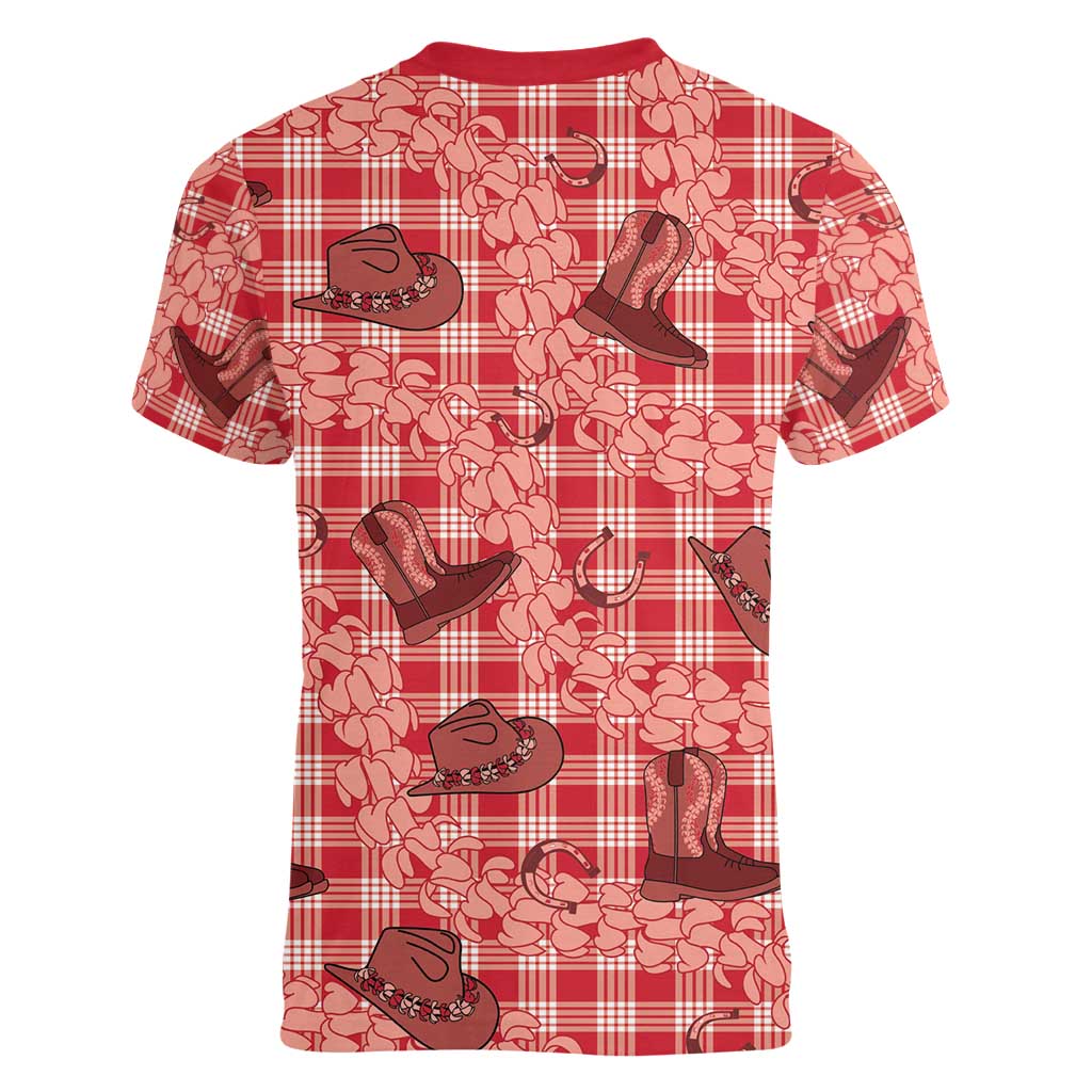 Red Palaka Hawaii Cowboy Women V-Neck T-Shirt Puakenikeni Lei Paniolo Papale Seamless Vibes - Polynesian Pride