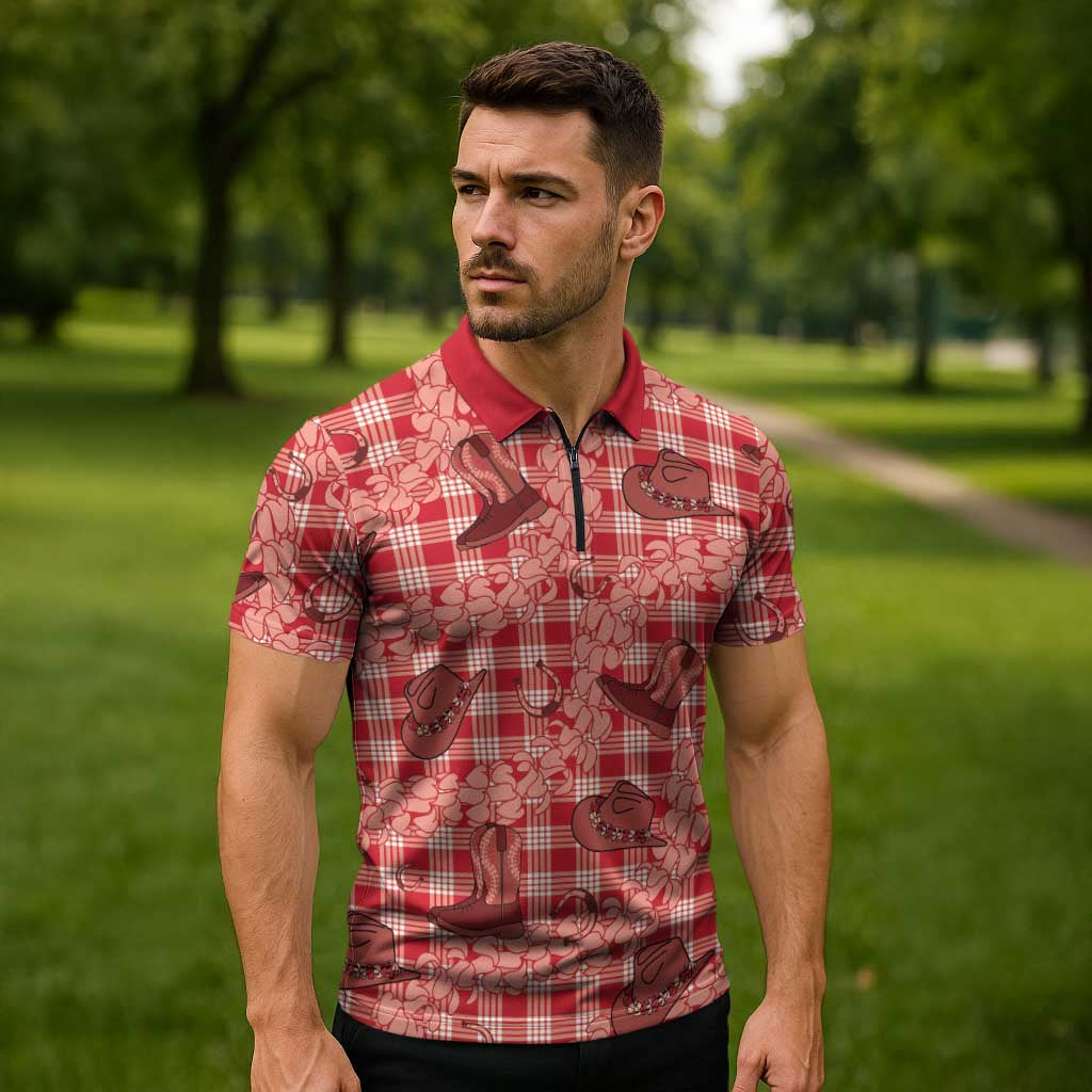 Red Palaka Hawaii Cowboy Zipper Polo Shirt Puakenikeni Lei Paniolo Papale Seamless Vibes - Polynesian Pride