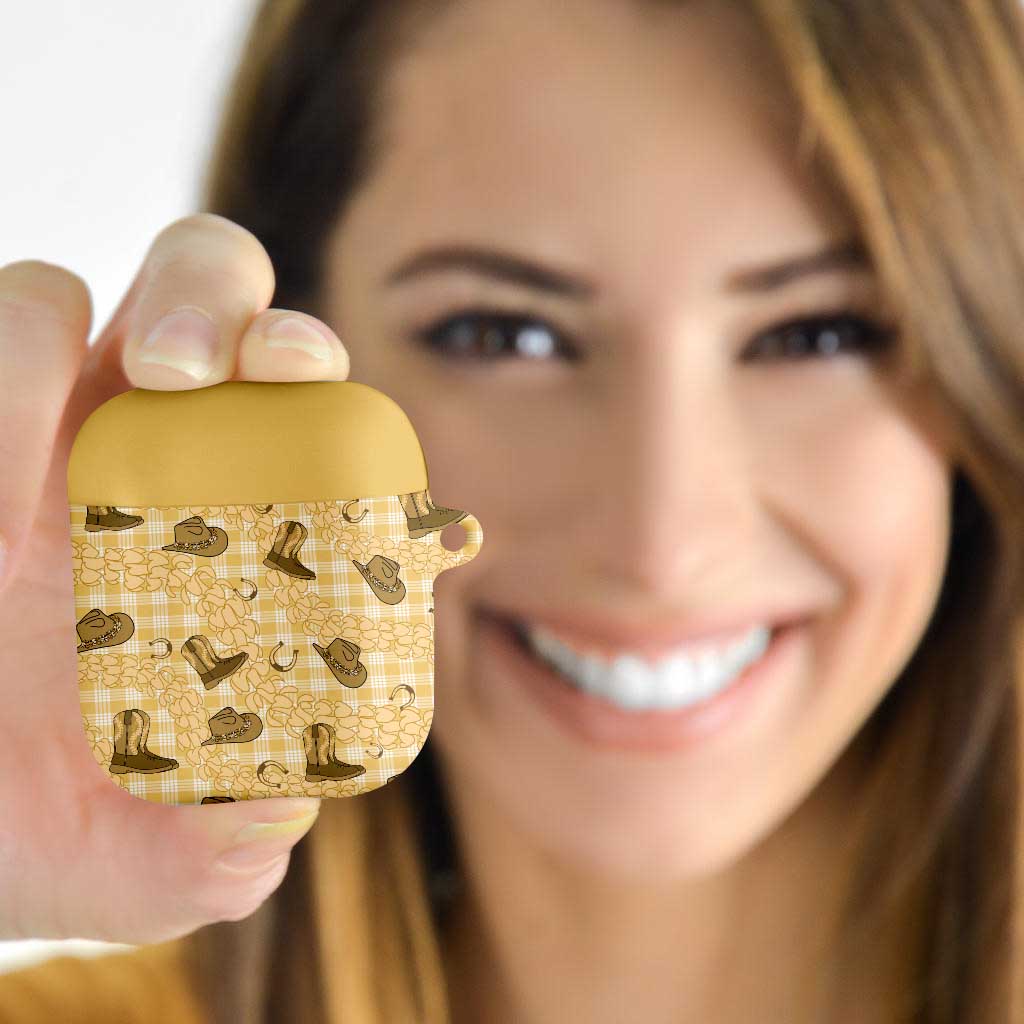 Yellow Palaka Hawaii Cowboy AirPods Case Puakenikeni Lei Paniolo Papale Seamless Vibes - Polynesian Pride