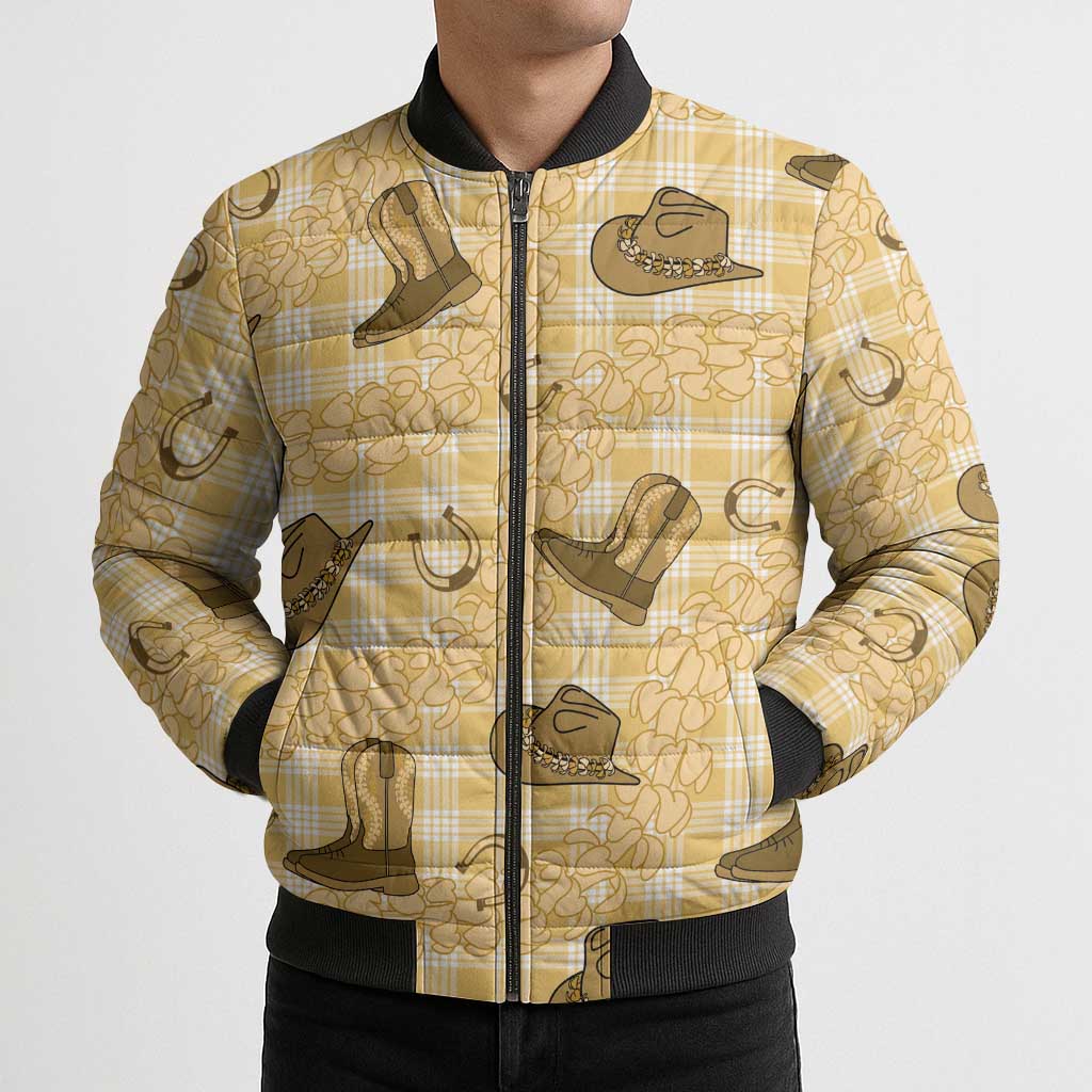 Yellow Palaka Hawaii Cowboy Bomber Puffer Jacket Puakenikeni Lei Paniolo Papale Seamless Vibes - Polynesian Pride