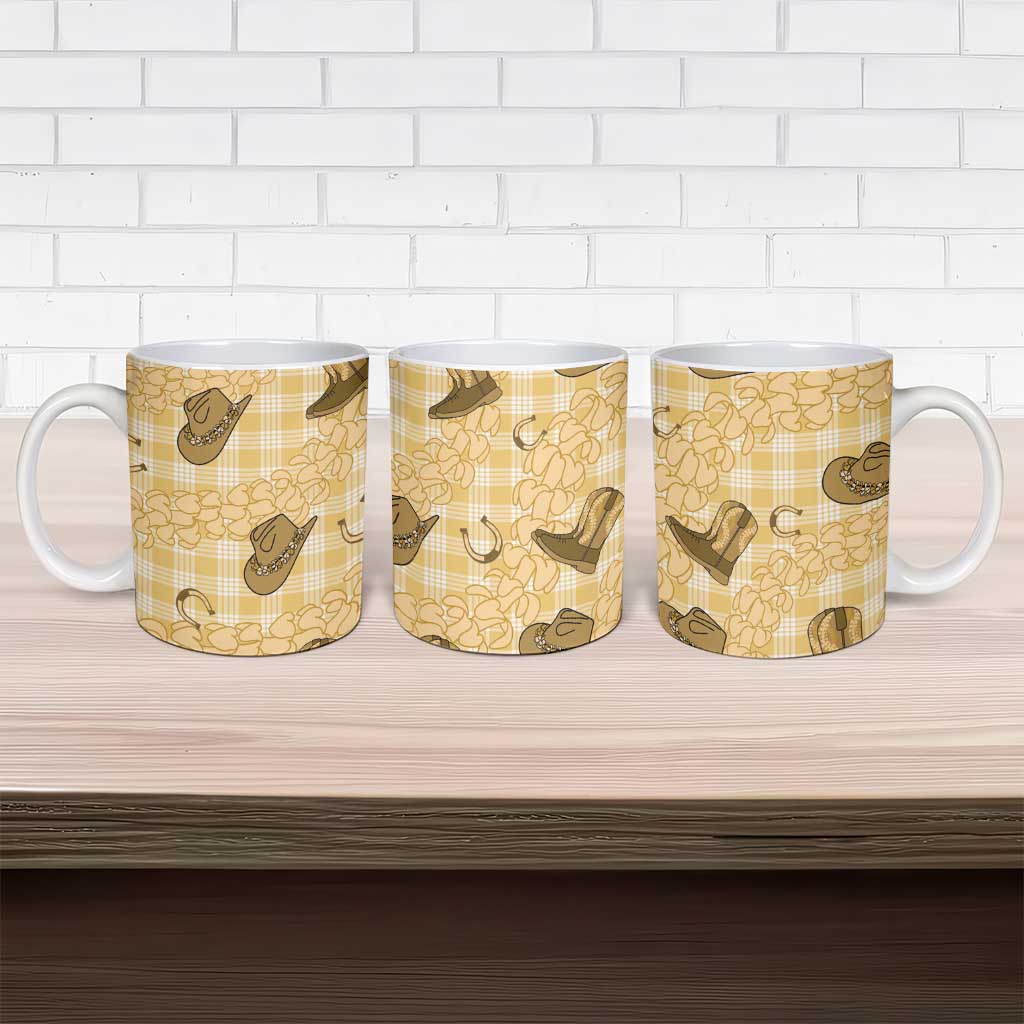 Yellow Palaka Hawaii Cowboy Ceramic Mug Puakenikeni Lei Paniolo Papale Seamless Vibes - Polynesian Pride