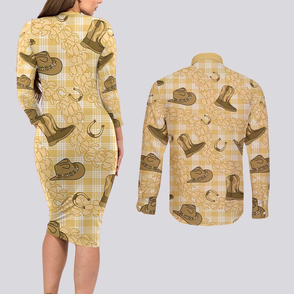 Yellow Palaka Hawaii Cowboy Couples Matching Long Sleeve Bodycon Dress and Long Sleeve Button Shirt Puakenikeni Lei Paniolo Papale Seamless Vibes - Polynesian Pride