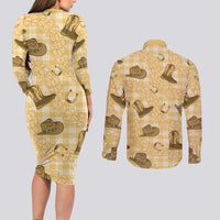 Yellow Palaka Hawaii Cowboy Couples Matching Long Sleeve Bodycon Dress and Long Sleeve Button Shirt Puakenikeni Lei Paniolo Papale Seamless Vibes - Polynesian Pride