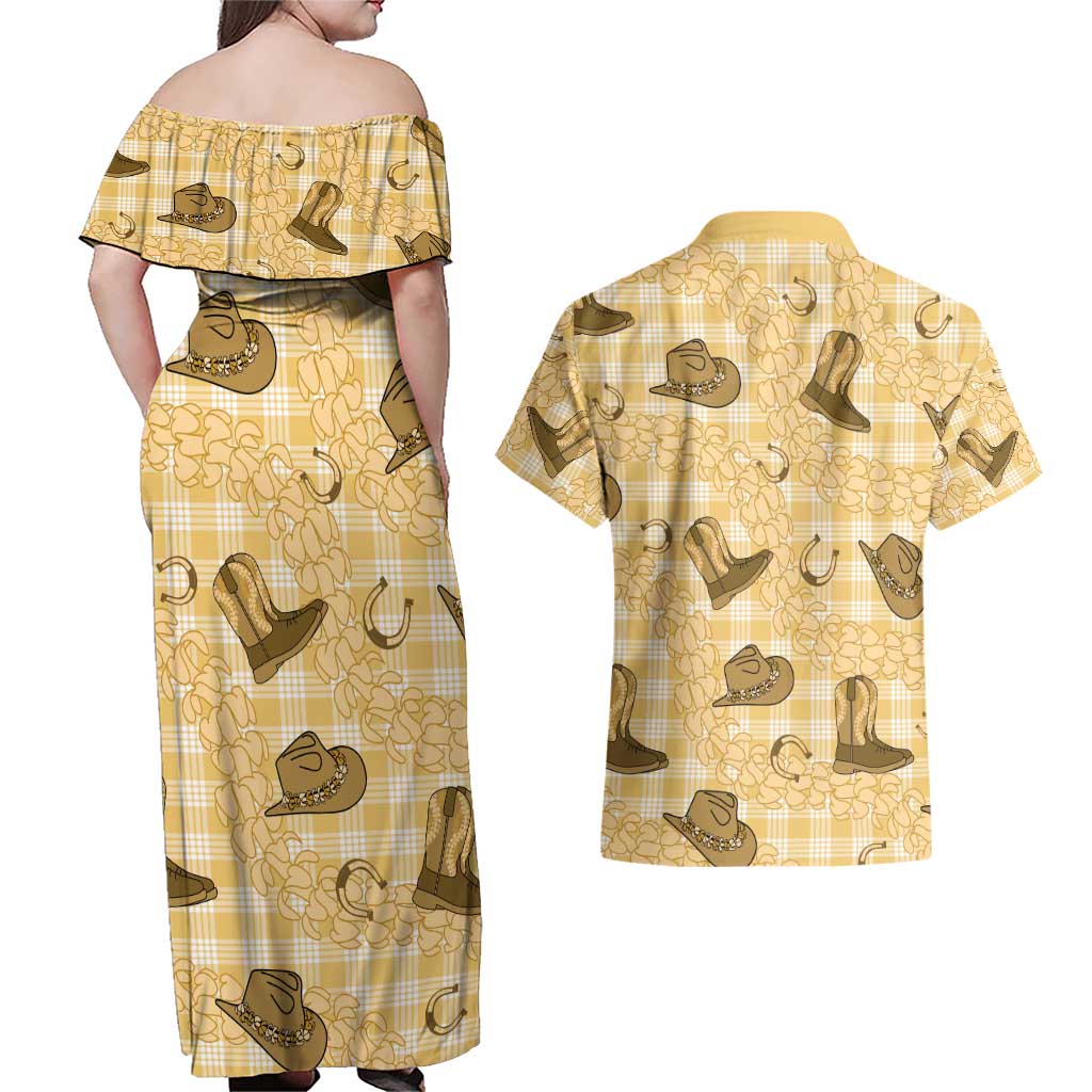 Yellow Palaka Hawaii Cowboy Couples Matching Off Shoulder Maxi Dress and Hawaiian Shirt Puakenikeni Lei Paniolo Papale Seamless Vibes - Polynesian Pride