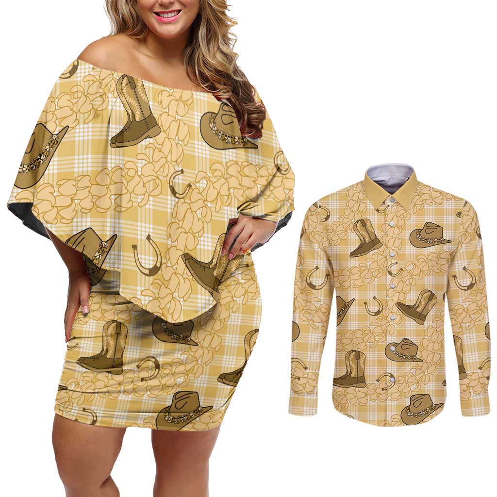 Yellow Palaka Hawaii Cowboy Couples Matching Off Shoulder Short Dress and Long Sleeve Button Shirt Puakenikeni Lei Paniolo Papale Seamless Vibes - Polynesian Pride