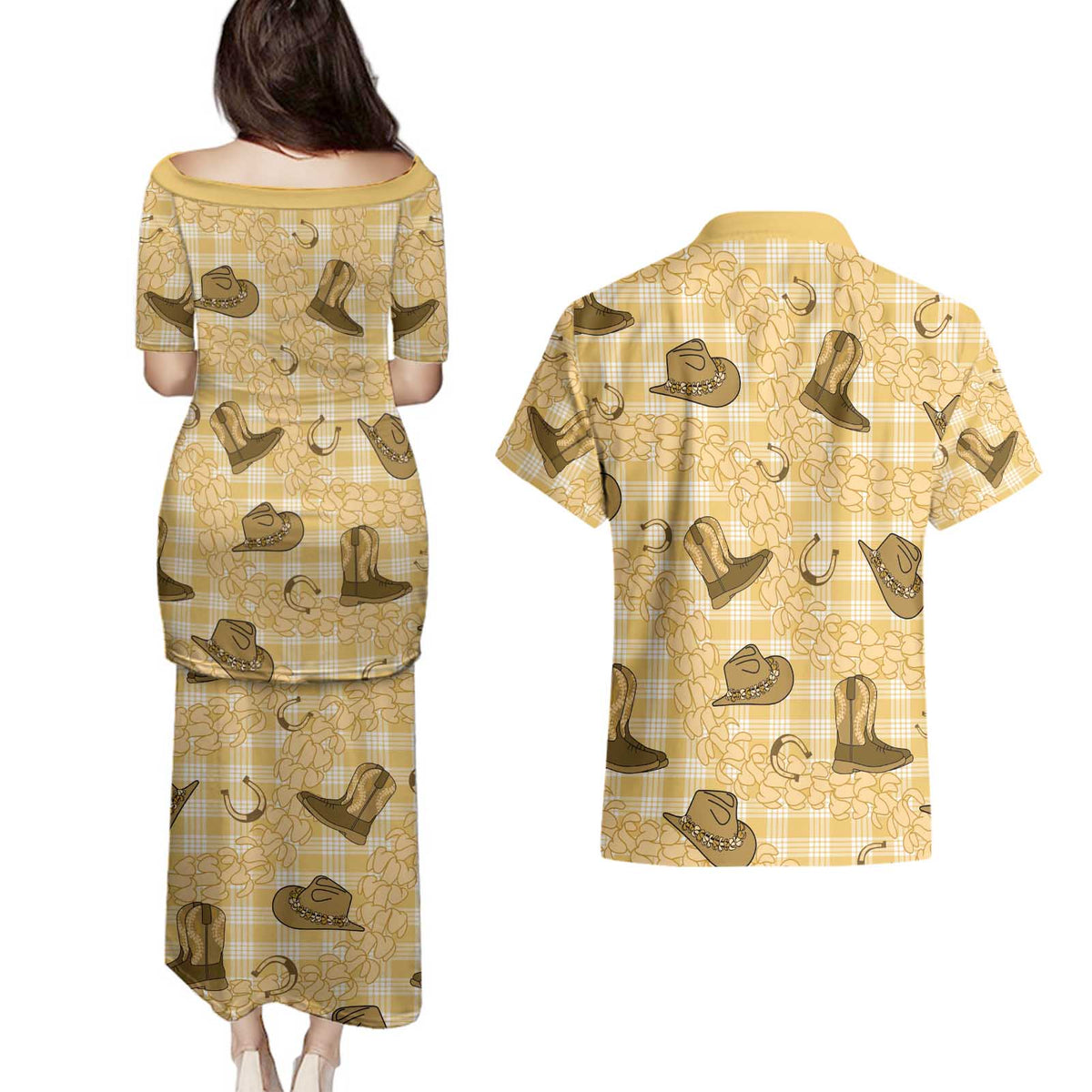 Yellow Palaka Hawaii Cowboy Couples Matching Puletasi and Hawaiian Shirt Puakenikeni Lei Paniolo Papale Seamless Vibes - Polynesian Pride