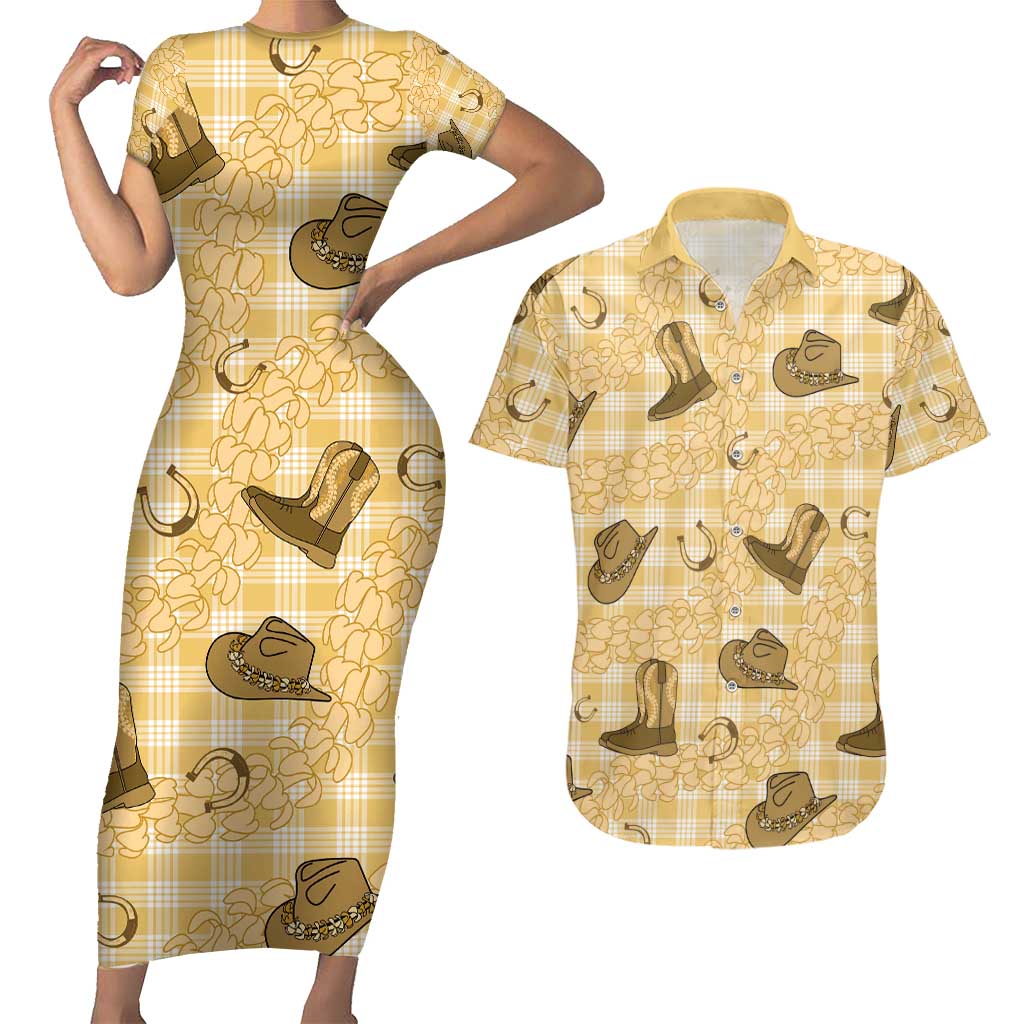 Yellow Palaka Hawaii Cowboy Couples Matching Short Sleeve Bodycon Dress and Hawaiian Shirt Puakenikeni Lei Paniolo Papale Seamless Vibes - Polynesian Pride