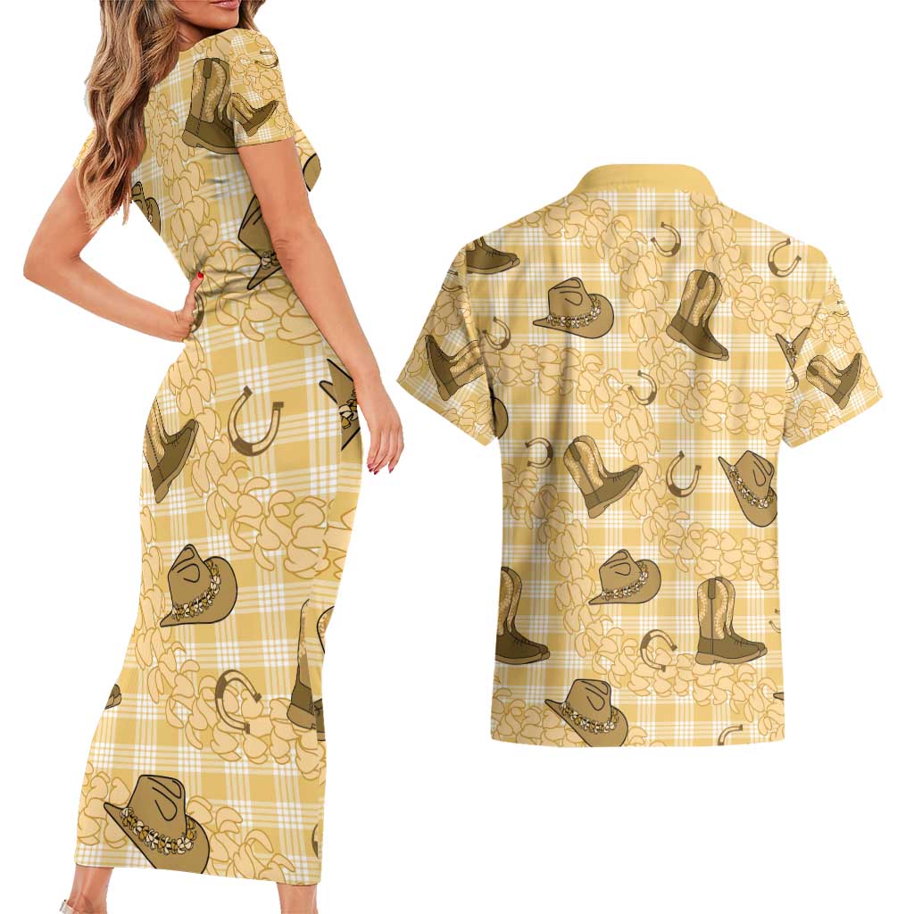 Yellow Palaka Hawaii Cowboy Couples Matching Short Sleeve Bodycon Dress and Hawaiian Shirt Puakenikeni Lei Paniolo Papale Seamless Vibes - Polynesian Pride