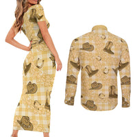 Yellow Palaka Hawaii Cowboy Couples Matching Short Sleeve Bodycon Dress and Long Sleeve Button Shirt Puakenikeni Lei Paniolo Papale Seamless Vibes - Polynesian Pride
