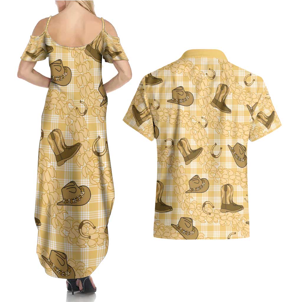 Yellow Palaka Hawaii Cowboy Couples Matching Summer Maxi Dress and Hawaiian Shirt Puakenikeni Lei Paniolo Papale Seamless Vibes - Polynesian Pride
