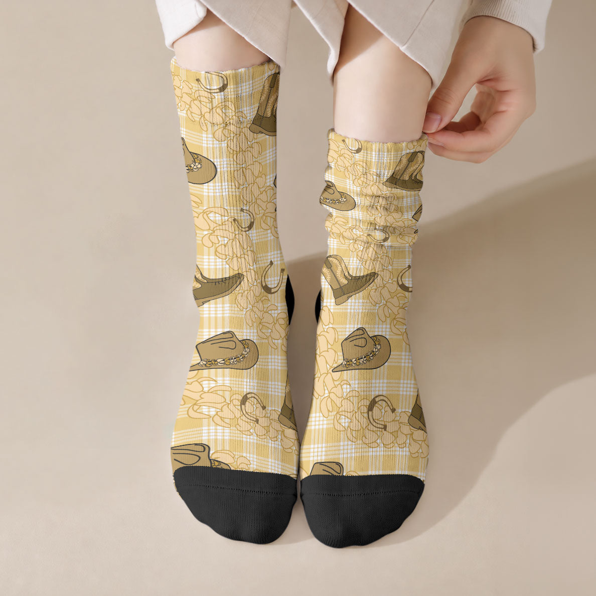 Yellow Palaka Hawaii Cowboy Crew Socks Puakenikeni Lei Paniolo Papale Seamless Vibes