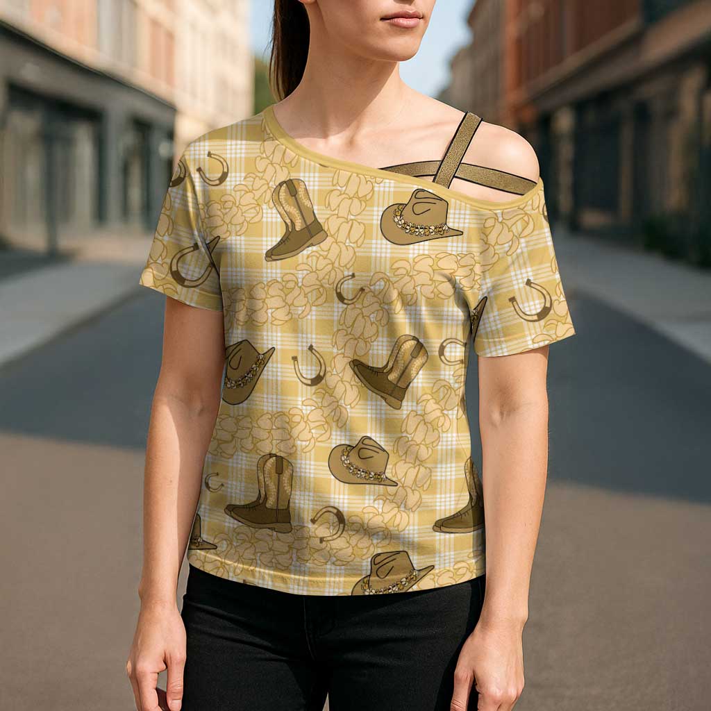 Yellow Palaka Hawaii Cowboy Cross Shoulder Shirt Puakenikeni Lei Paniolo Papale Seamless Vibes - Polynesian Pride