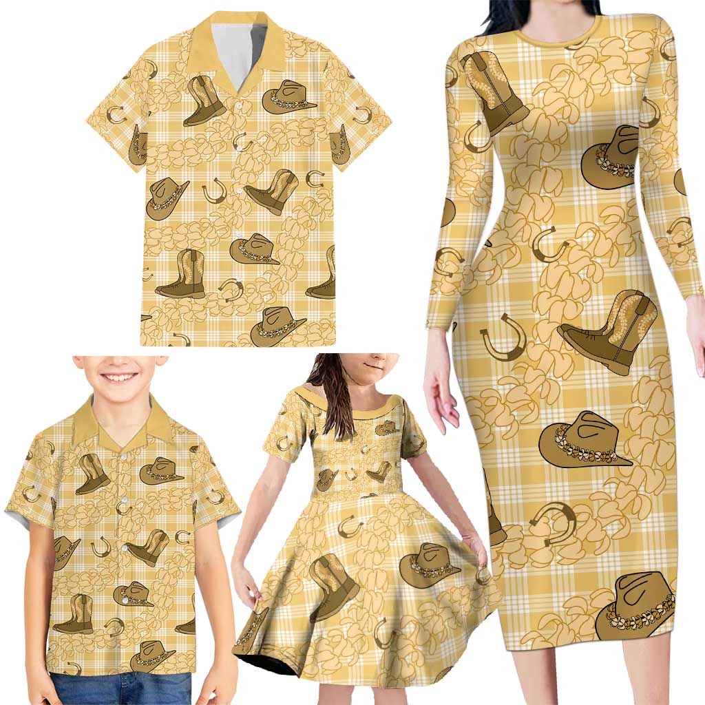 Yellow Palaka Hawaii Cowboy Family Matching Long Sleeve Bodycon Dress and Hawaiian Shirt Puakenikeni Lei Paniolo Papale Seamless Vibes - Polynesian Pride