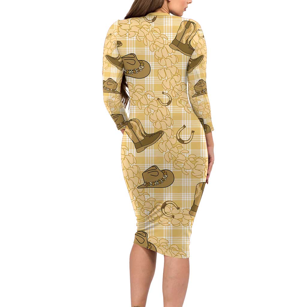 Yellow Palaka Hawaii Cowboy Family Matching Long Sleeve Bodycon Dress and Hawaiian Shirt Puakenikeni Lei Paniolo Papale Seamless Vibes - Polynesian Pride