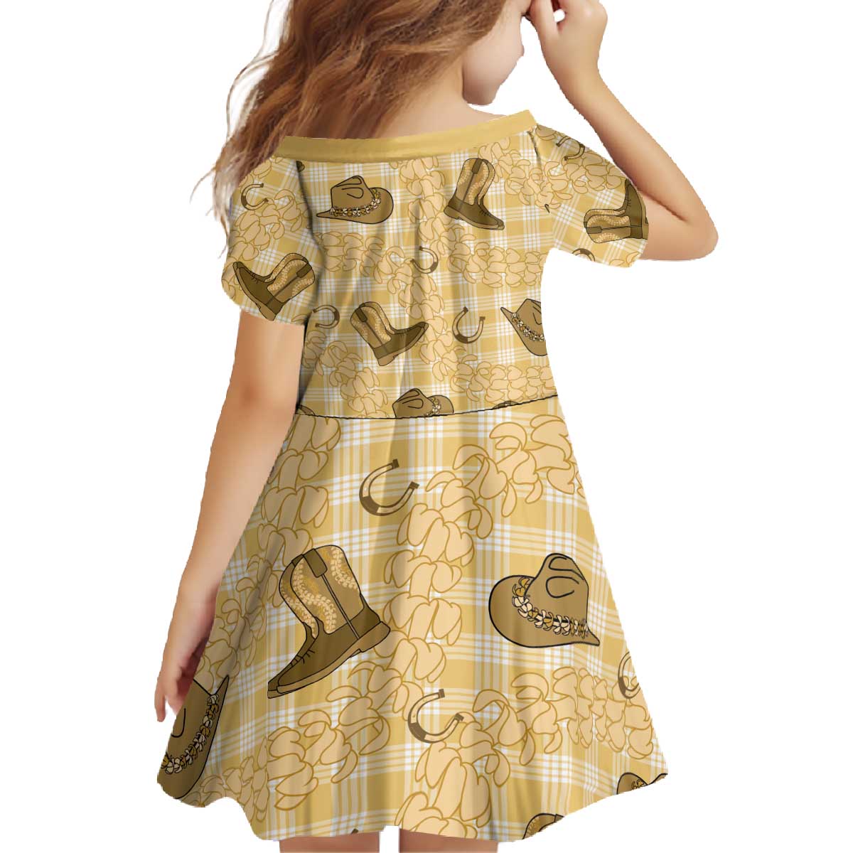 Yellow Palaka Hawaii Cowboy Family Matching Off The Shoulder Long Sleeve Dress and Hawaiian Shirt Puakenikeni Lei Paniolo Papale Seamless Vibes - Polynesian Pride